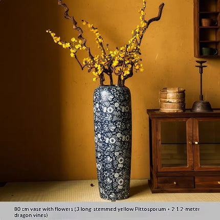 Blue And White Floor Vase Ceramic Tea Rooms Arrangement With Artificial Flowers