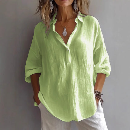 Women's Casual Long-Sleeved Lapel Pullover Shirt — Loose Fit, 3/4 Sleeve