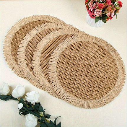 Set of 4 Rustic Bohemian Jute Round Placemats with Fringe for Stylish Dining Decor