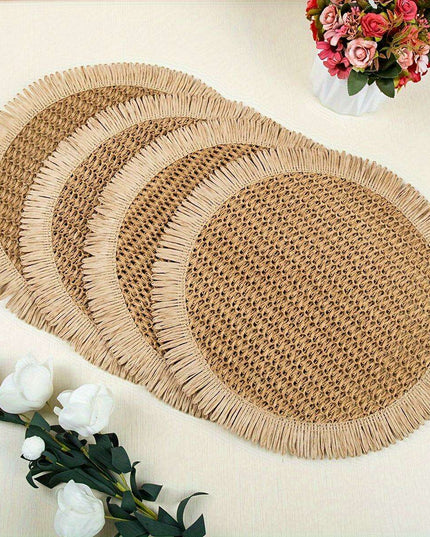 Set of 4 Rustic Bohemian Jute Round Placemats with Fringe for Stylish Dining Decor