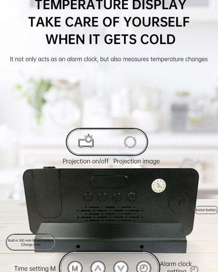 Silent Rotating LED Projection Alarm Clock with Digital Thermometer and Customizable Display