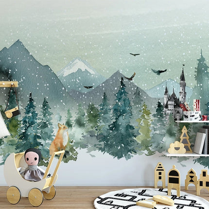 Hand painted castle forest animal kids room mural