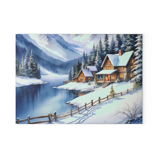 "Cozy Christmas" - Holiday Picturesque Watercolor Painting Printed Glass Cutting Board Printify