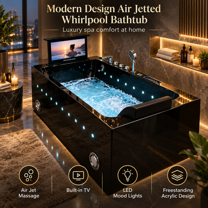 Modern Freestanding Acrylic Whirlpool Bathtub with Hydro Massage & Built-In TV
