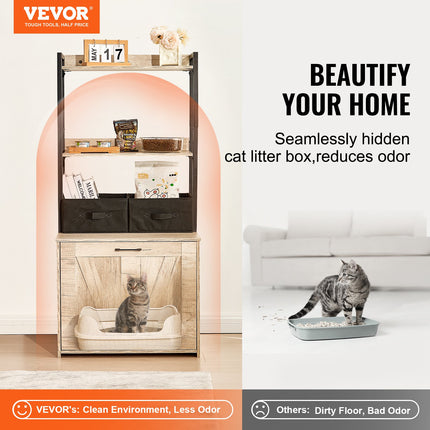 Peekaboo Studio VEVOR Cat Litter Box Enclosure with 2 Shelves & Basket