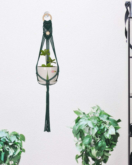 Boho-Chic Green Macrame Wall Plant Hanger with Iron Ring - Elevate Your Home Decor