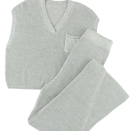 Elegant Knit V Neck Sweater and Flowing Trousers Ensemble