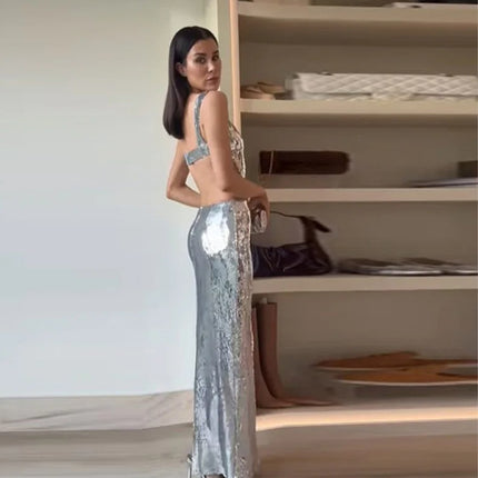 Peekaboo Studio Silver Sequin Halter Sheath Dress - Elegant Evening We