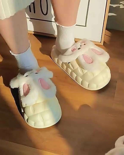 Cute Rabbit Shoes Winter Fuzzy Slippers Women Detachable Washable House Shoes