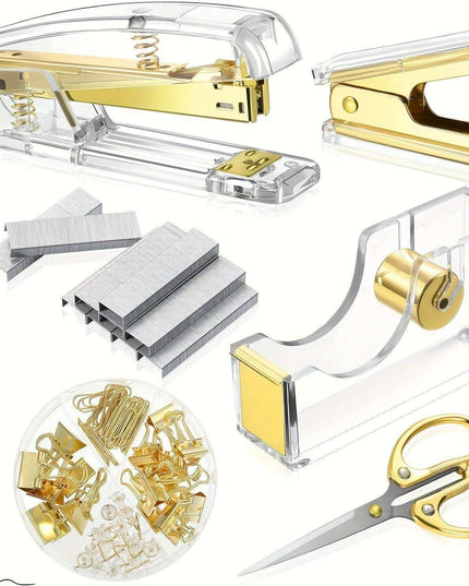 Elegant Golden Acrylic Office Accessory Set with Stapler, Tape Dispenser, Scissors, and 1000 Staples