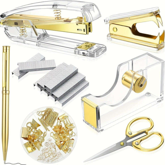Elegant Golden Acrylic Office Accessory Set with Stapler, Tape Dispenser, Scissors, and 1000 Staples