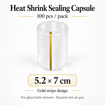 Heat Shrink Sealing Capsules for Glass Bottles — 100pcs, Gold Stripe, 12 Sizes