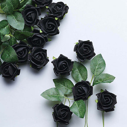 AliKopy 24 Black Foam Roses - 2" Flowers with Wire Stem & Leaves