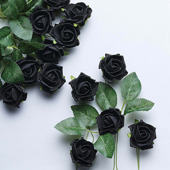 AliKopy 24 Black Foam Roses - 2" Flowers with Wire Stem & Leaves