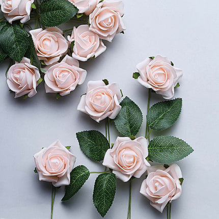 AliKopy 24 Blush Foam Roses - Realistic, Adjustable Stem & Leaves