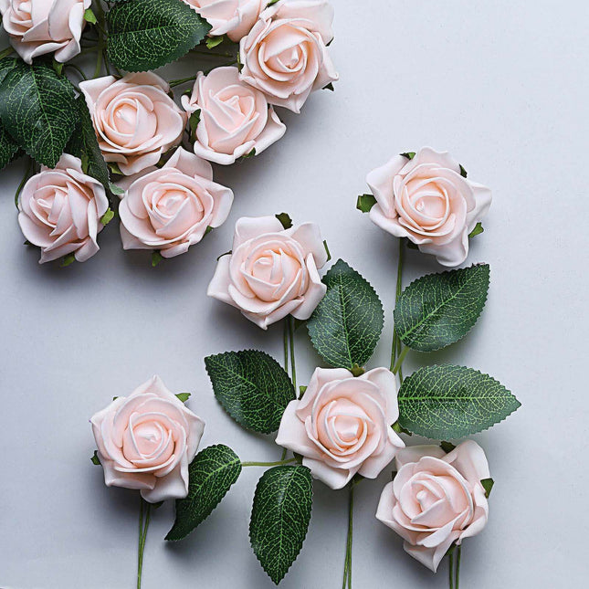 AliKopy 24 Blush Foam Roses - Realistic, Adjustable Stem & Leaves