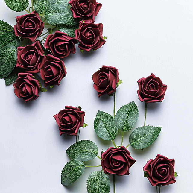 AliKopy 24 Burgundy Foam Roses with Wire Stem and Leaves - Realistic D