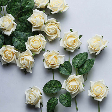AliKopy 24 Cream Foam Roses with Stem Wire & Leaves - Realistic Decor