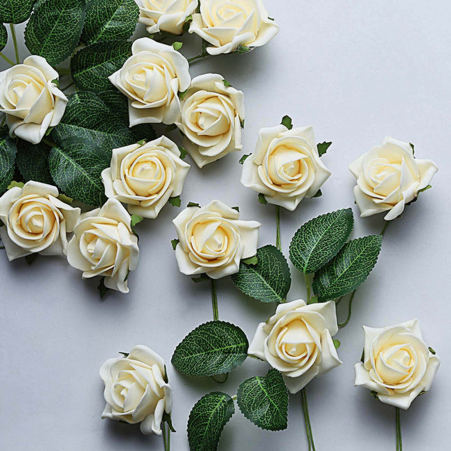 AliKopy 24 Cream Foam Roses with Stem Wire & Leaves - Realistic Decor