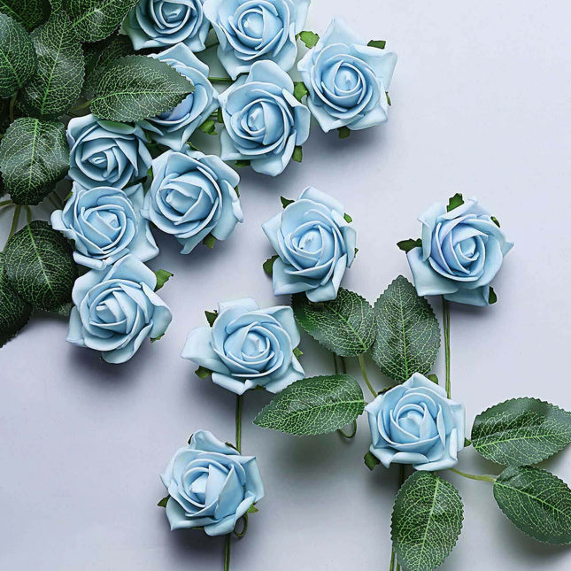 AliKopy 24 Dusty Blue Foam Roses with Stem Wire and Leaves - Realistic