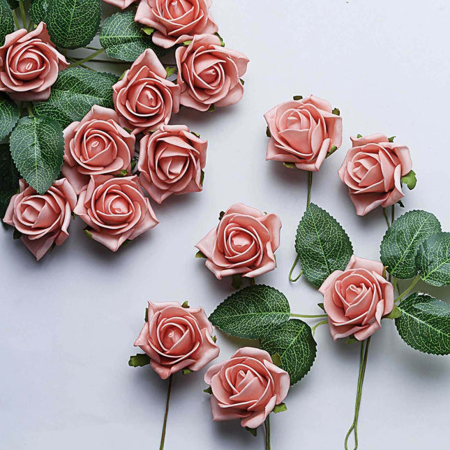 AliKopy 24 Dusty Rose Artificial Foam Flowers with Stem & Leaves