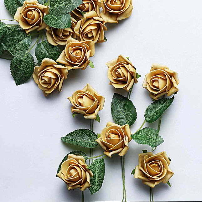 AliKopy 24 Gold Artificial Foam Roses - 2" with Stem Wire & Leaves