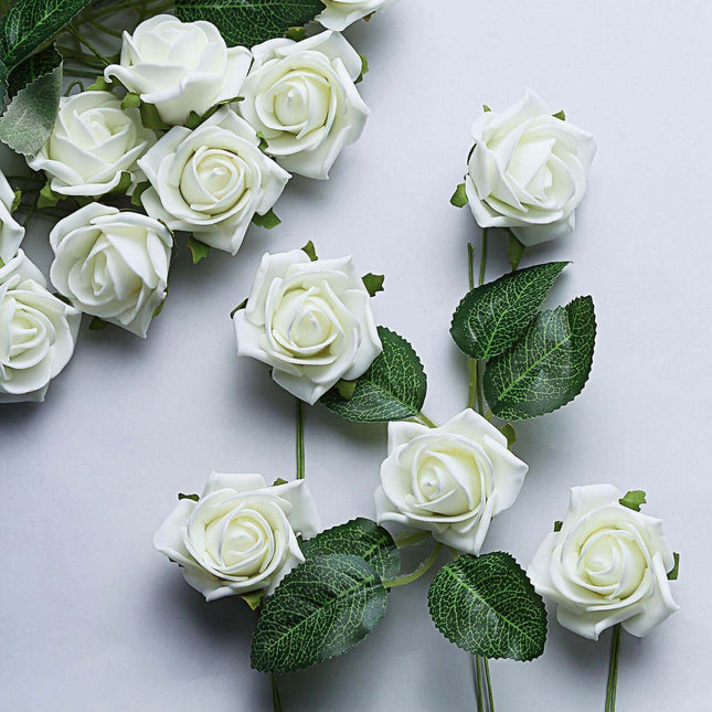 AliKopy 24 Ivory Foam Roses - Realistic Look with Stem Wire & Leaves