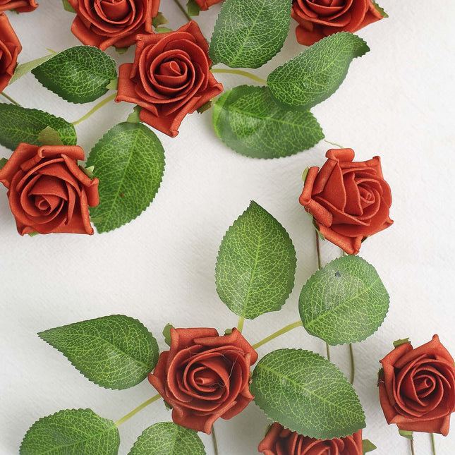 AliKopy 24 Rust Terracotta Foam Roses with Wire Stem and Leaves
