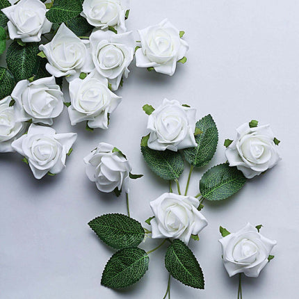 AliKopy 24 White Foam Roses - Realistic Look with Stem Wire & Leaves