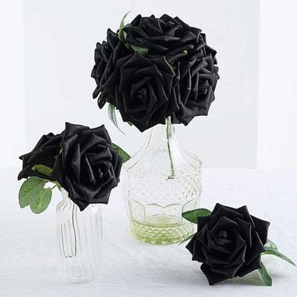 AliKopy 24 Black Foam Roses - 5" with Stem Wire & Realistic Leaves