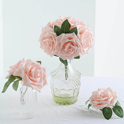 AliKopy 24 Blush Foam Roses - 5" with Stem Wire & Realistic Leaves