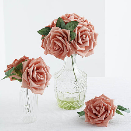 AliKopy 24 Dusty Rose Foam Flowers - 5" with Stem Wire & Leaves