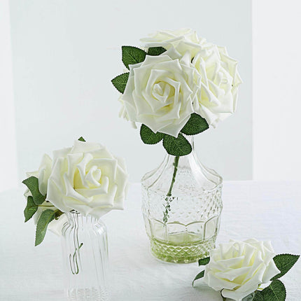 AliKopy 24 Ivory Foam Roses - 5" with Stem Wire & Realistic Leaves