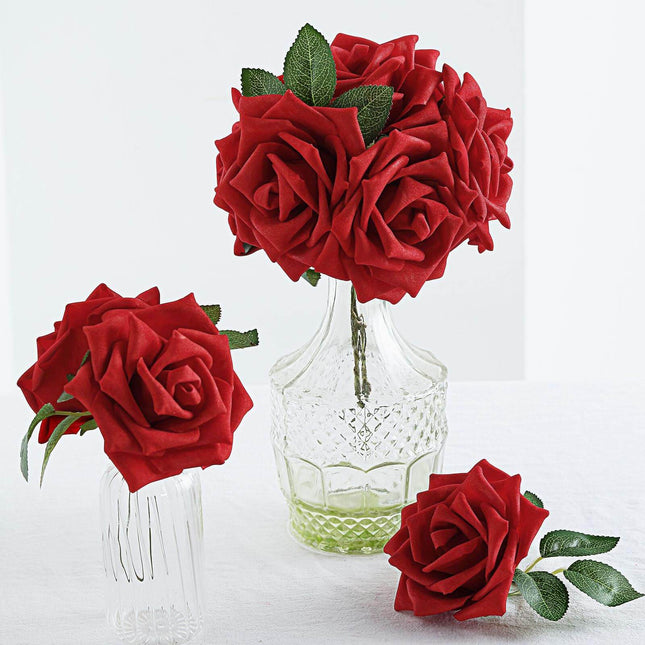 AliKopy 24 Red Foam Roses - 5" with Stem Wire & Lush Green Leaves