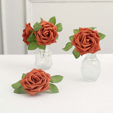 AliKopy 24 Roses 5" Terracotta Foam Flowers with Stem Wire & Leaves