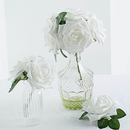 AliKopy 24 White Foam Roses - 5" Flowers with Stem Wire & Leaves