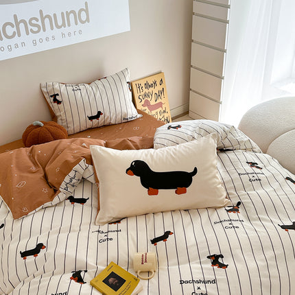 Cartoon Puppy Striped Four-piece Cotton Bedding Set