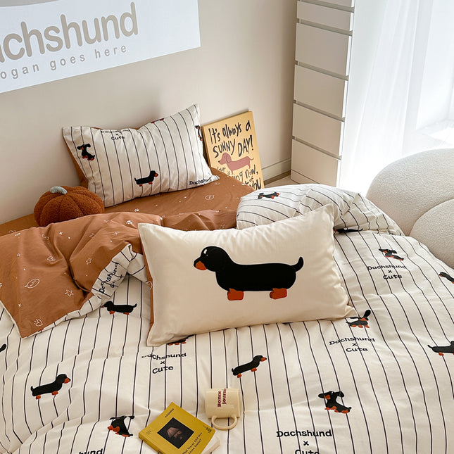 Cartoon Puppy Striped Four-piece Cotton Bedding Set