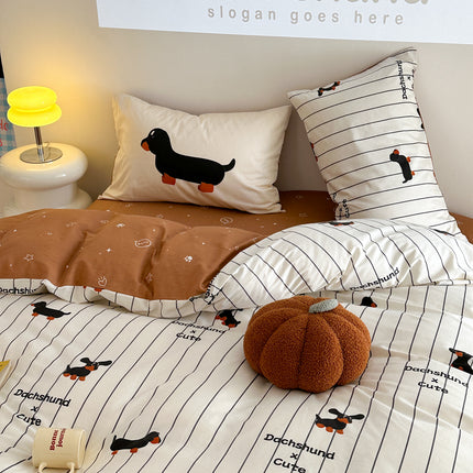 Cartoon Puppy Striped Four-piece Cotton Bedding Set