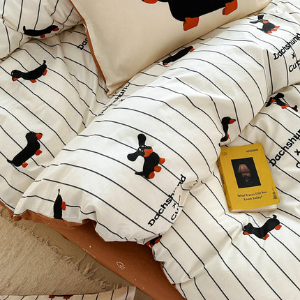 Cartoon Puppy Striped Four-piece Cotton Bedding Set