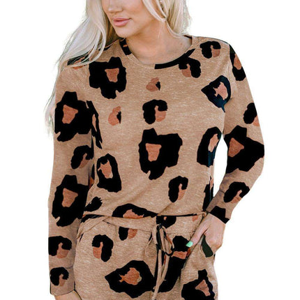 Chic Leopard Print Lounge Set: Long Sleeve Pullover and Shorts Combo