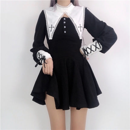 Peekaboo Studio Maria Dark Goth Nun Dress with Lace Trim and Modest Fi