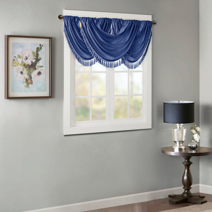 Room & Decor Faux Silk Waterfall Valance, Embellished, Navy 38x46