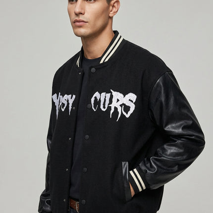 Black Letter-Embroidered Varsity Jacket with Glossy Sleeves