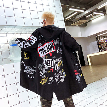Black Hooded Graffiti-Print Long Coat