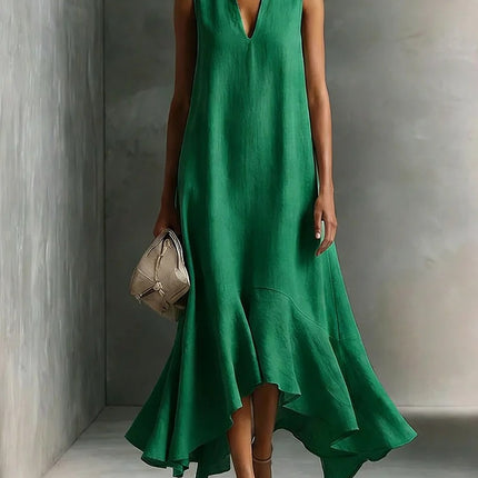 Elegant Deep V-Neck Sleeveless Asymmetrical Hemline Maxi Dress