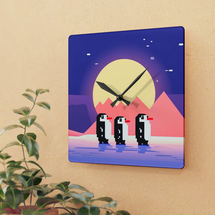 Penguin Pixel Art Acrylic Wall Clocks - Charming Penguin Prints, Sturdy Build & Easy Installation