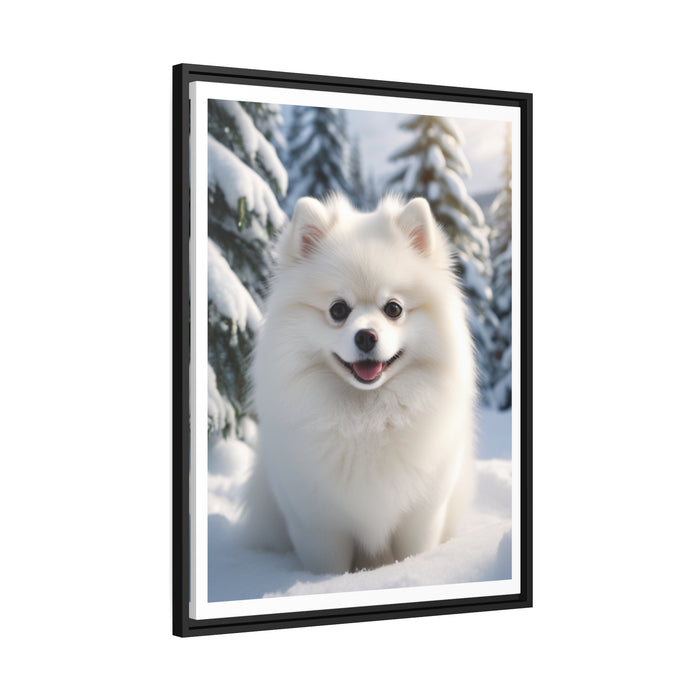 Elegant White Puppy Christmas Canvas Wall Art in Stylish Black Frame