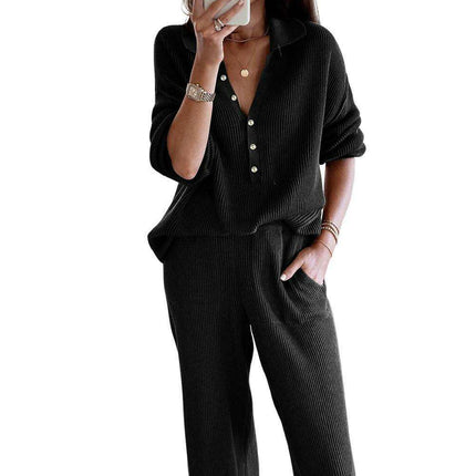 Elegant Black Ribbed Lounge Set with Henley Collar - Perfect Blend of Style and Comfort