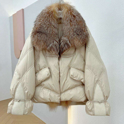 Elegant White Down Puffer Coat with Luxurious Silver Fox Fur Collar - Women's Winter Fashion Statement